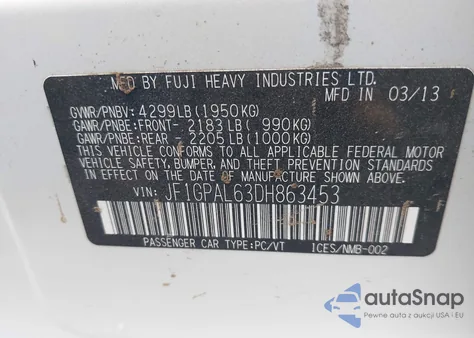 2013 Subaru Impreza 2.0I Sport Premium из США, поврежденный, VIN JF1GPAL63DH863453